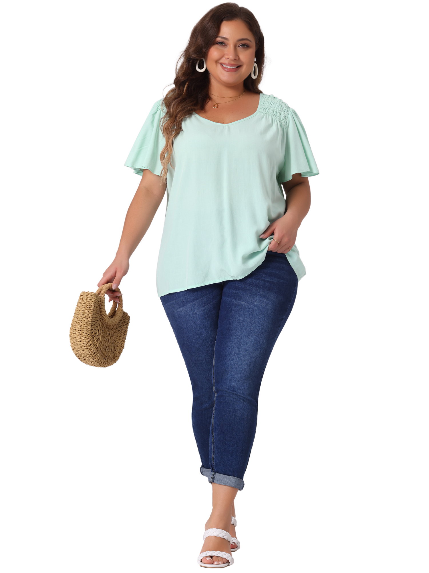 DARING DIVA Women's Plus V Neck Ruffle Sleeve Smocked Shoulder Blouse 3X Light Green