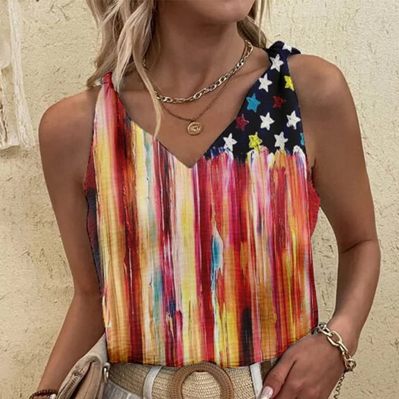Wycnly Womens 4th of July Tank Tops Loose Independence Day Patriotic Shirt Tie-Knotted Strap Vest Summer Fashion US Flag Print V-Neck Sleeveless Blouse Red xxl