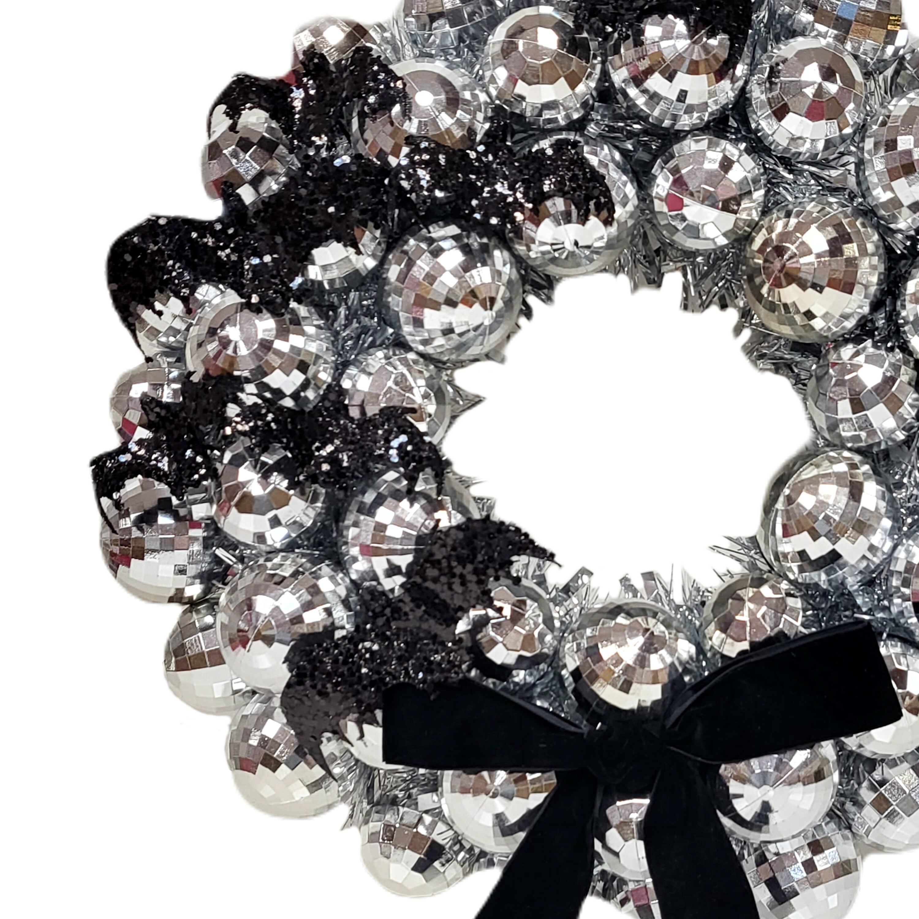 Disco Ball and Bats Wreath, Silver and Black, 17", Halloween by Way To Celebrate