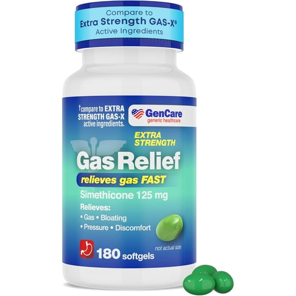 GenCare Extra Strength Gas Relief Simethicone 125mg for Bloating Relief, 180 Softgels
