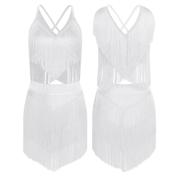 TiaoBug Women's Fringe Latin Dance Outfits Belly Dancer Sleeveless V Neck Tiered Tassels Crop Top and Skirt White M