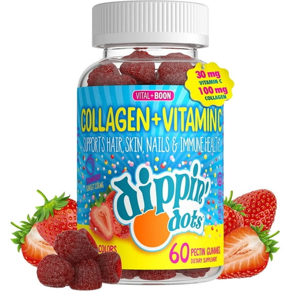 Dippin Dots Collagen   Vitamin C Pectin Gummies for Immune Support, Hair, Skin, and Nails, Strawberry Sunset Creme Flavor, 60 Count