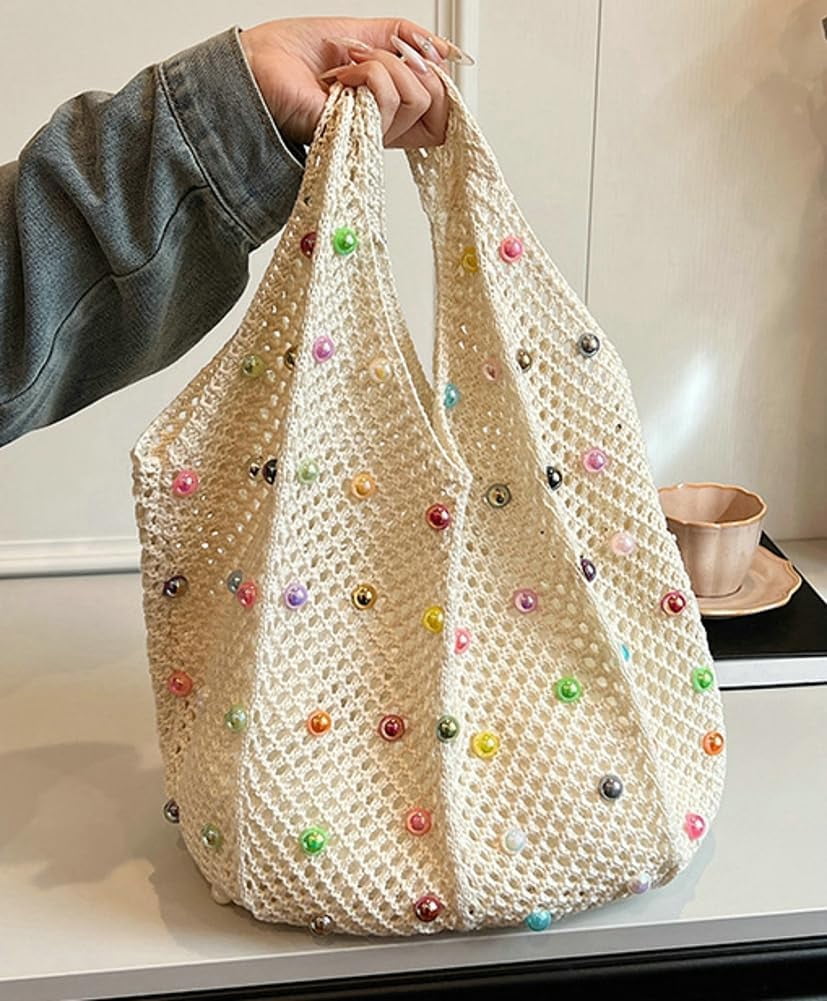 Zhengup Woven Tote Bag for Wineb Crochet Hobo Bags Beaded Shoulder Bag Trendy Knit Hollow Summer Beach Handbag Purse