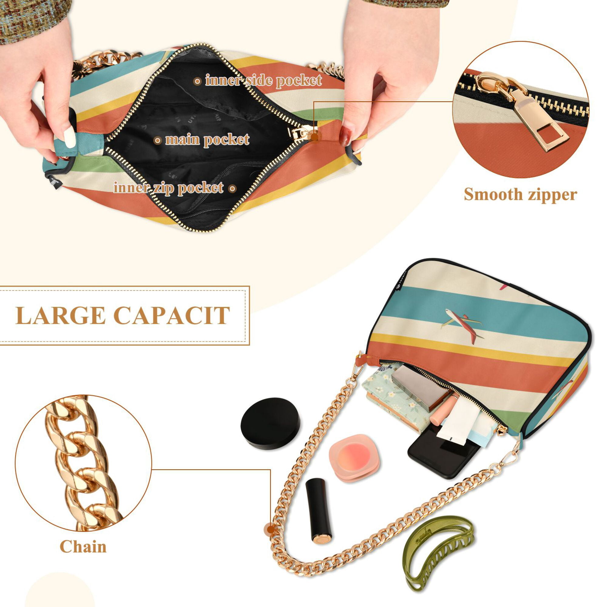 FORMRS Womens Shoulder Bag with Chain Strap Clutch Purse Cute Tote Handbag, Colorful Plane