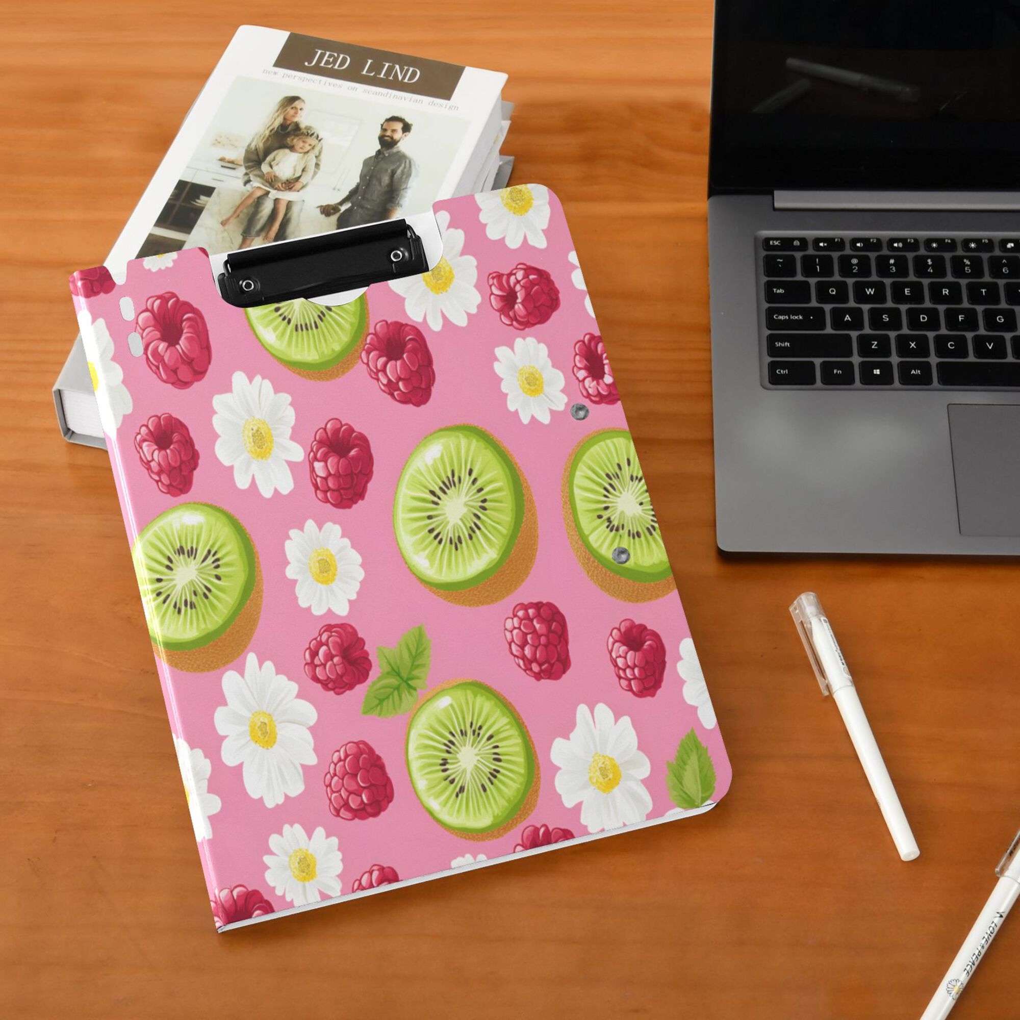 FORMRS A4 Clipboard Folder with Pen Holder Horizontal Foldable School Office Binder, Floral Raspberries
