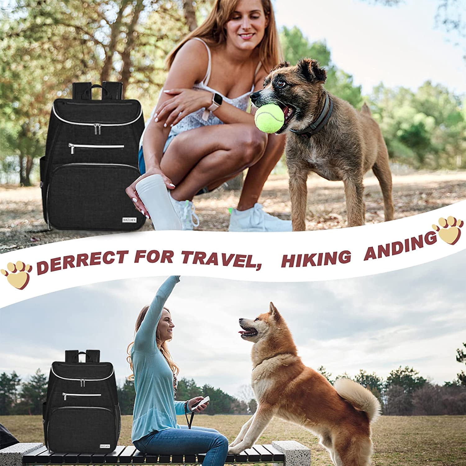 丨Dog Travel Bag Backpack, Airline Approved Pet Supplies Backpack, Dog Travel Bag with 2 Silicone Collapsible Bowls and 2 Food Baskets, Black