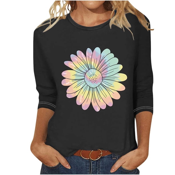 Camisetas Casuales de las Mujeres de Moda Impresa 3/4 Mangas Blusa Cuello Redondo para el Hogar Y Diario