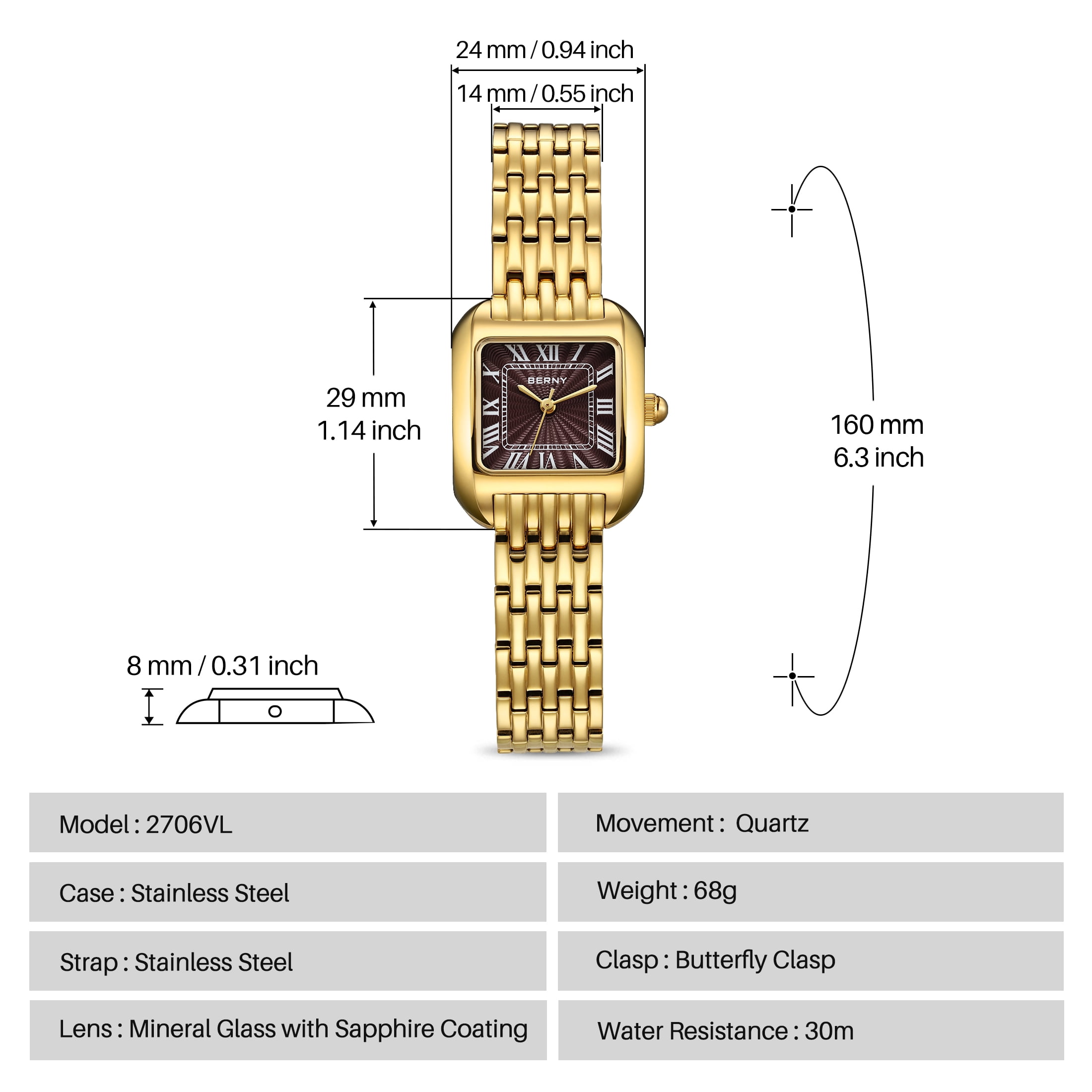 BERNY Gold Watches for Women, Square Dainty Ladies Analog Quartz Watch with Roman Numeral, Stainless Steel Bracelet Watch, Classic Waterproof Women Wristwatch Gift, Brown