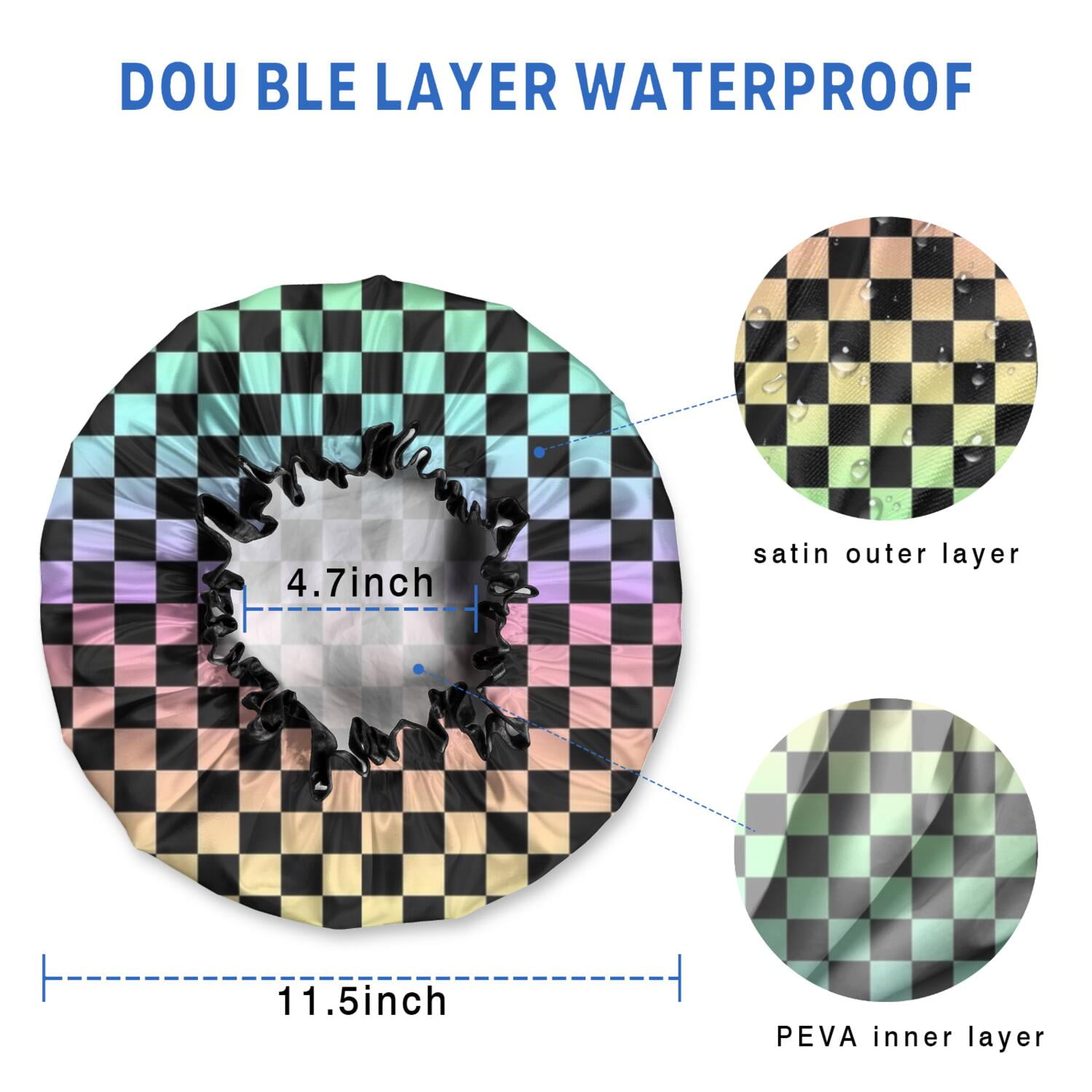 Shower Caps,Gradient Color Checkered Pattern Waterproof Shower Cap for Women 4 Pieces,Double Reusable Hair Cover for Shower PEVA Elastic Stretch Hem