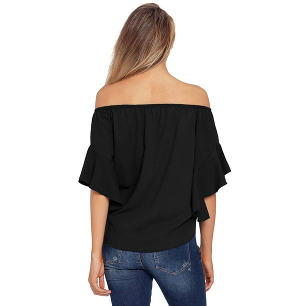 ABPHQTO Blusas negras lisas con hombros descubiertos para mujer Walmart en linea