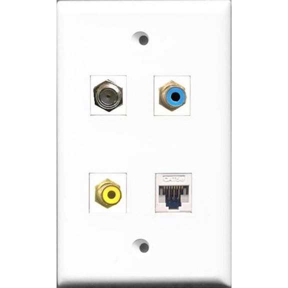 RiteAV 1 Port RCA Yellow and 1 Port RCA Blue and 1 Port Coax Cable TV- F-Type and 1 Port Cat5e Ethernet White Wall Plate