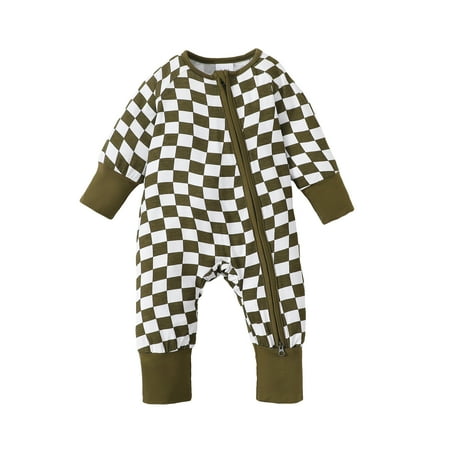 

KIMI BEAR Newborn Baby Boys Winter Bodysuits 9-12 Months Warm Clothing Sets Round Neck Long Sleeves Romper Checkboard Print Plaid Jumpsuits Zipper One-piece Overalls Green