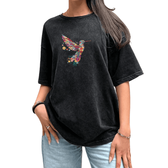 Women's Floral Hummingbird Graphic Cotton Washed T Shirt Casual Comfortable Black S-2XL Plus Size