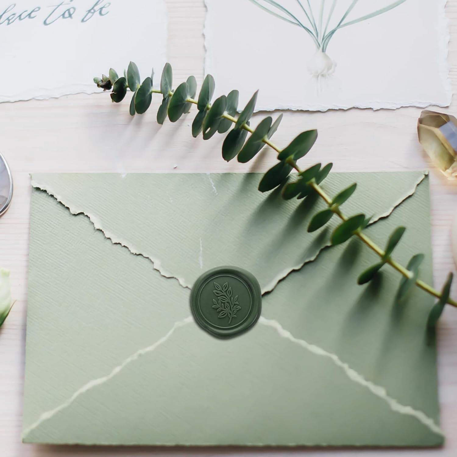 Eucalyptus Wax Seal Stickers - 50 PCs Self Adhesive Wax Seals for Wedding Invitations Envelopes Olive Green Sticker for Gift Wrapping Letter Party Christmas Birthday Baby Shower