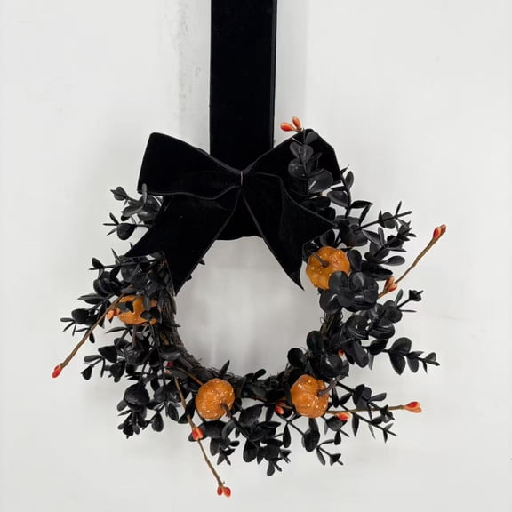 YTTAL 9 InchThanksgiving Decorations Wreath, Black Boxwood Wreath with Orange Pumpkins and Black Velvet Bow for Front Door Wall Fall Spooky Decor