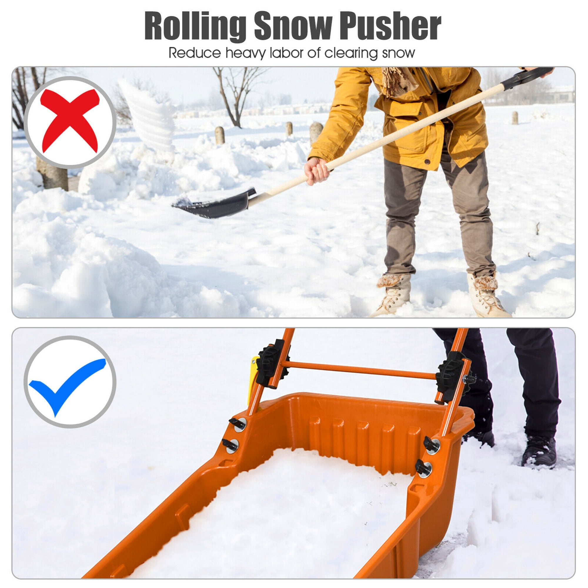 Adjustable Angle & Easy Setup Patio GYMAX 26” Poly Sleigh Shovel with Ergonomic Handle & Wheels for Driveway Rolling Snow Pusher Scoop Extra Large Capacity Black Sidewalk 