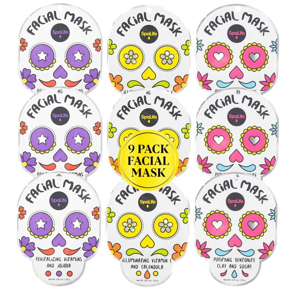Mascarilla facial SpaLife Día de Muertos, paquete de 9, hidratante, coreana