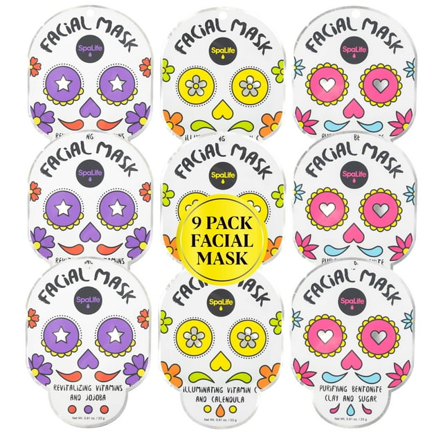 Mascarilla facial SpaLife Día de Muertos, paquete de 9, hidratante, coreana