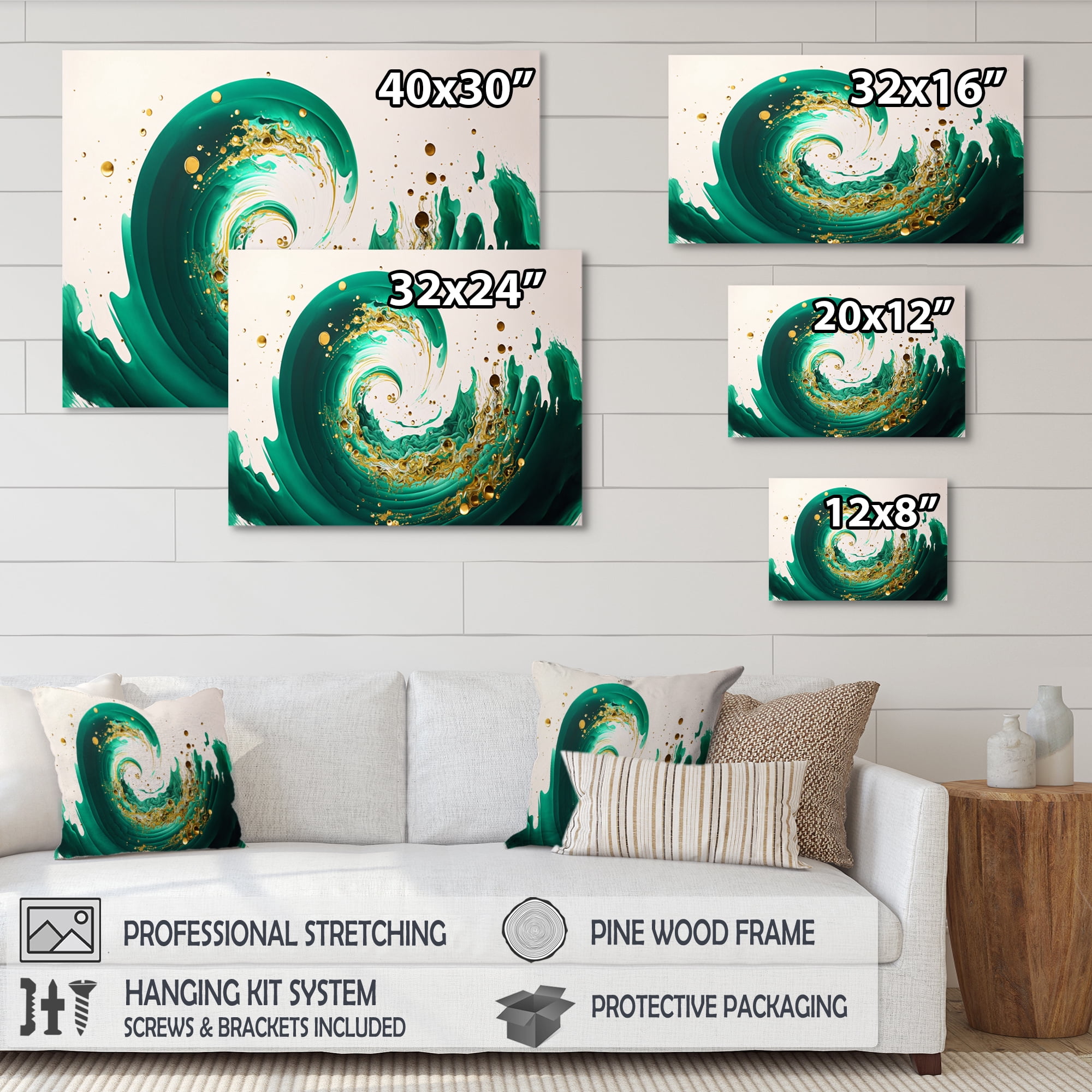Designart Green And Gold Crashing Waves IV Canvas Wall Art
