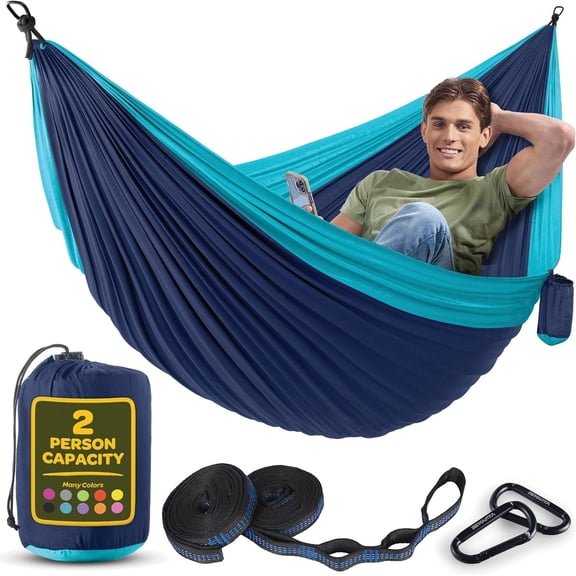 Nylon Camping Hammock Chair 500 lb Capacity Double or Single Size with Tree Straps and Carry Bag Large Blue and Light Blue