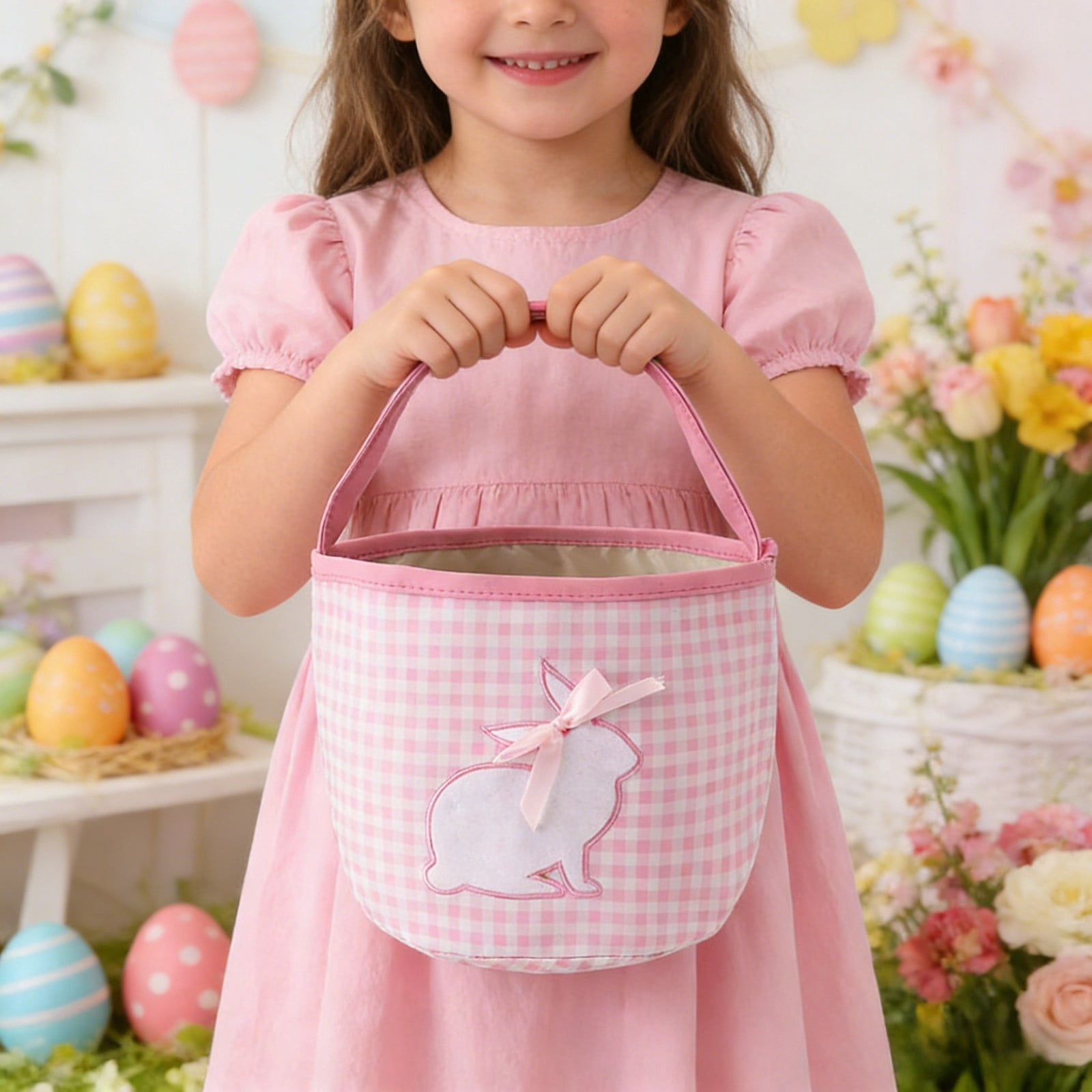 Gytml Easter Bunny Basket Egg Bags,Canvas Cute Cotton Personalized Candy Egg Basket Rabbit Print With Handle Buckets Gifts Bags For Easter B-23cm