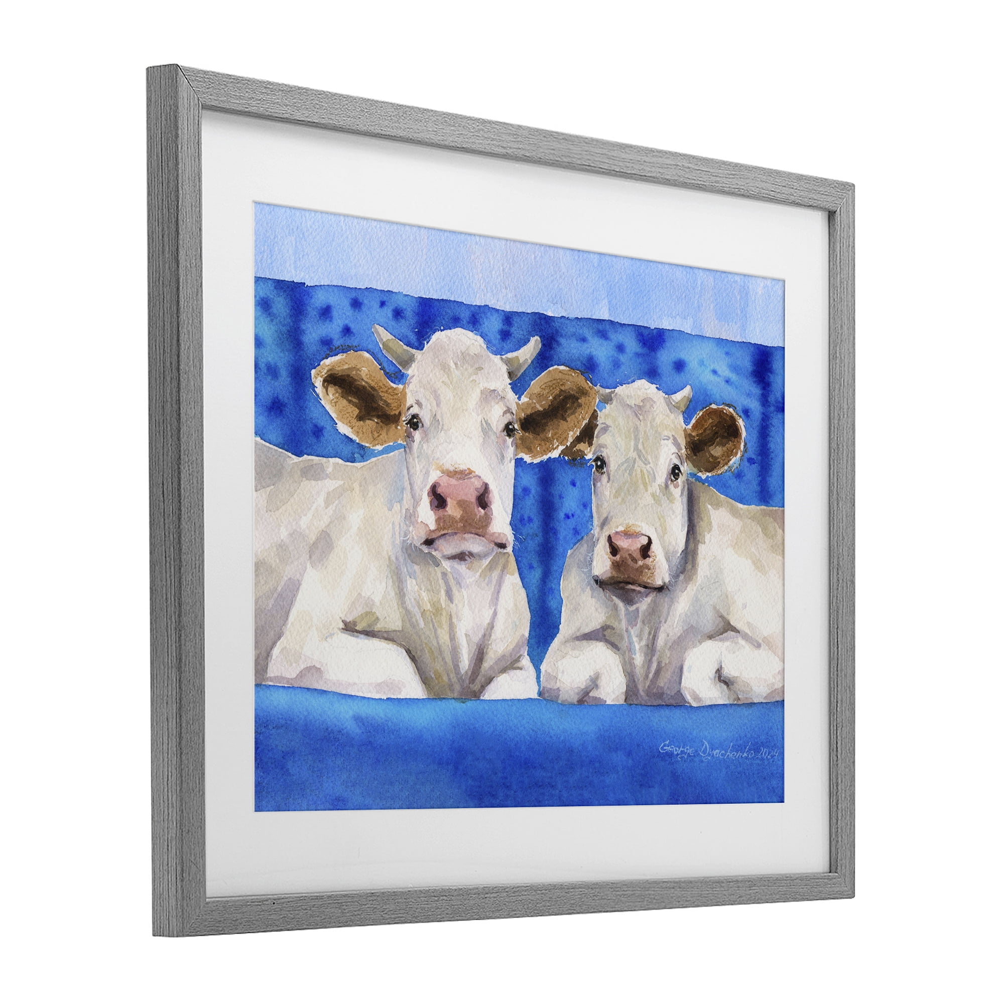 Stupell Industries White Cows on Blue Sofa Gray Framed Print Under Glass, design by George Dyachenko
