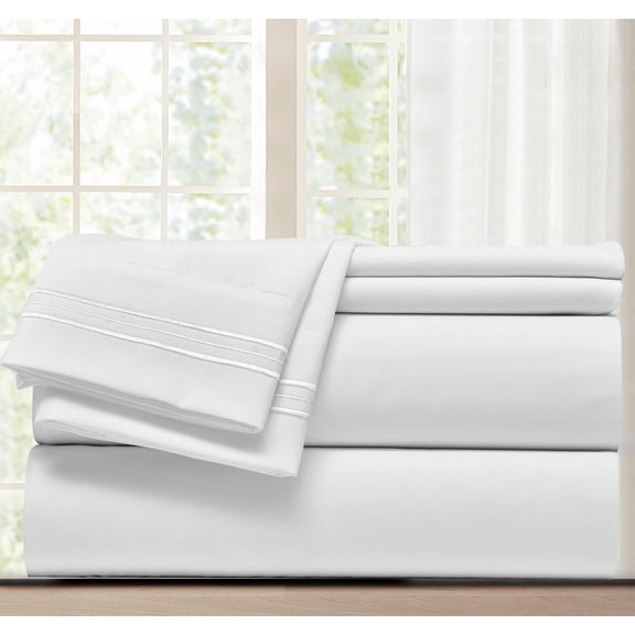 Lanco Dalia 4-Piece Flat Sheet Set, White, King, Easy Care 300 Thread Count Microfiber Embroidery