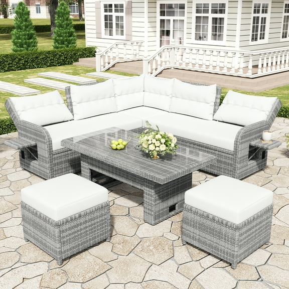 Euroco Outdoor Recliner Sofa Set with Adjustable Table, Movable Ottomans & Side Tables