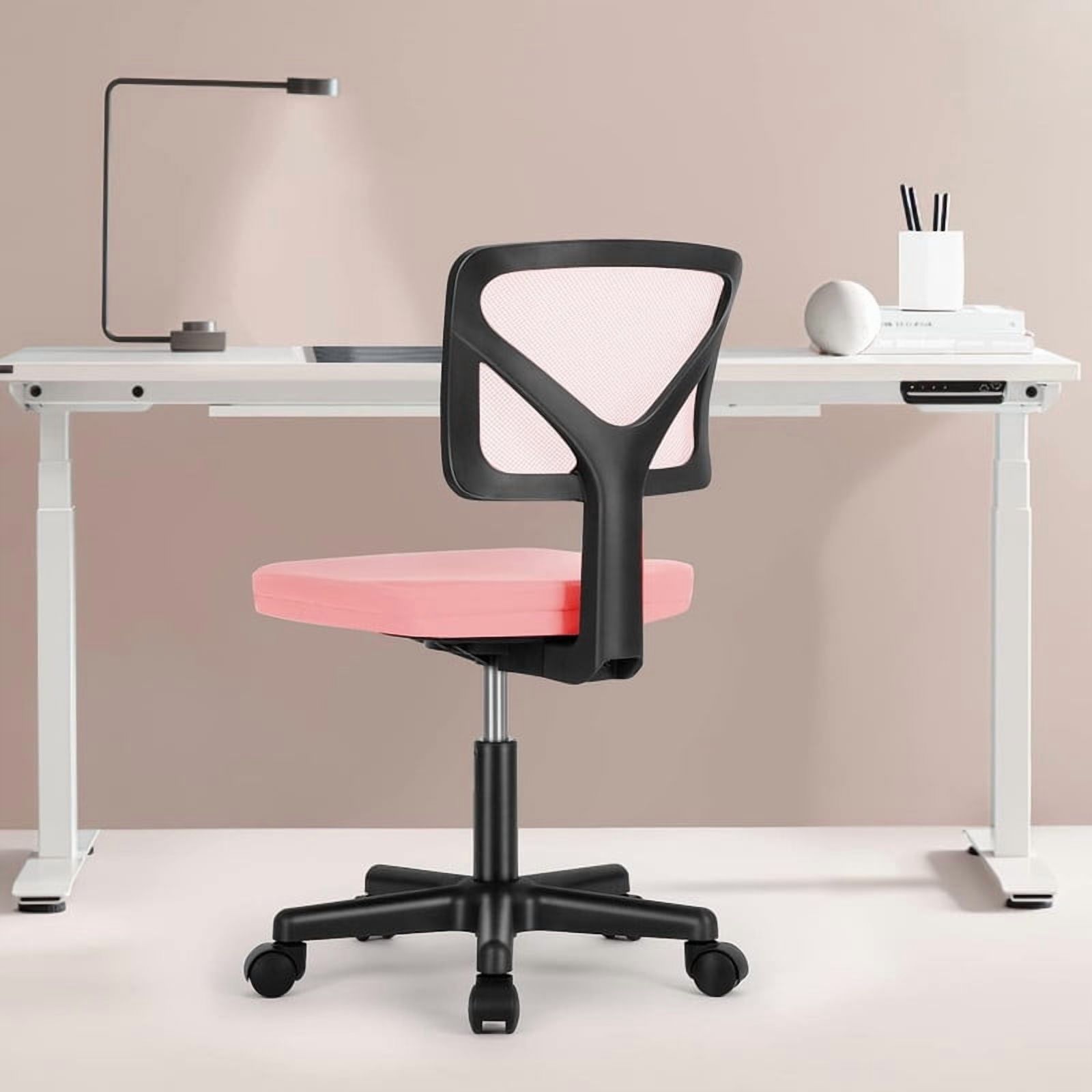 Beddle Armless Office Chairwith Lumbar Support, Low-Back Ergonomic Swivel Mesh Desk Chair, Comfortable Seat for Home Office or Study, Pink