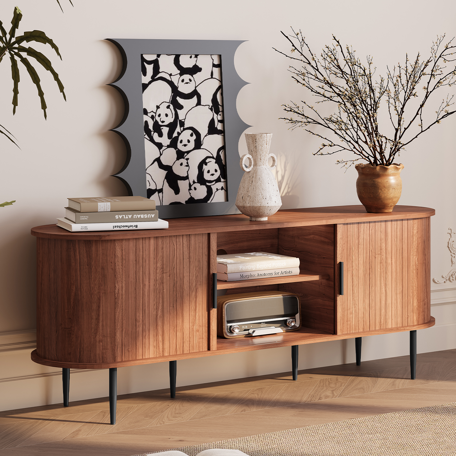 HLR 55" Mid-Century Modern TV Stand with Sliding Doors, Brown photo 2