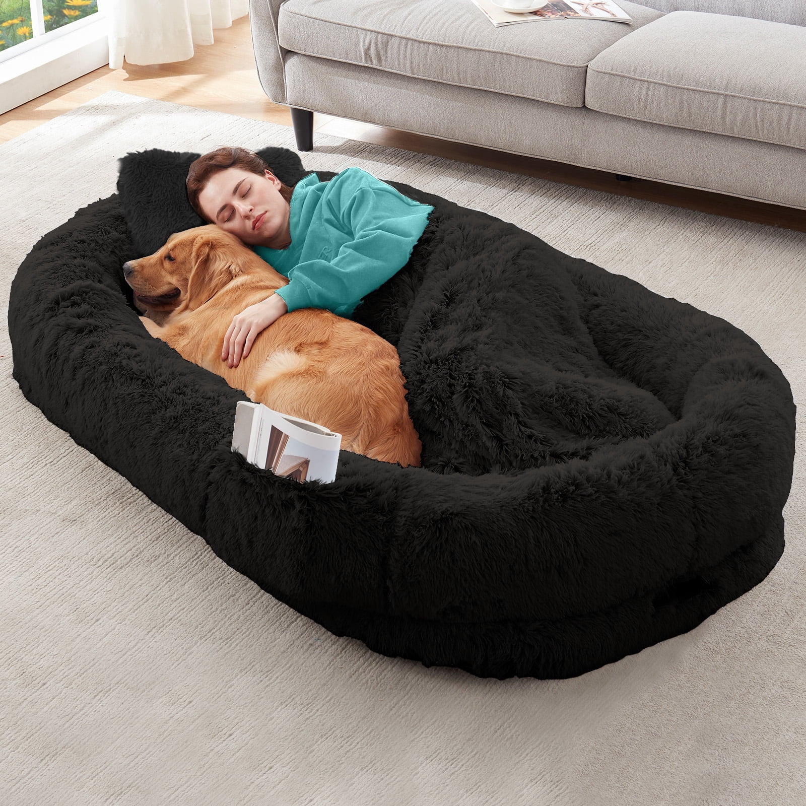 Dokdogs Oversized Human Dog Bed for Adults & Pets, 70"x44"x11" Washable Faux Fur Lounger with Orthopedic Support, Plush Pillow & Blanket Included - Black