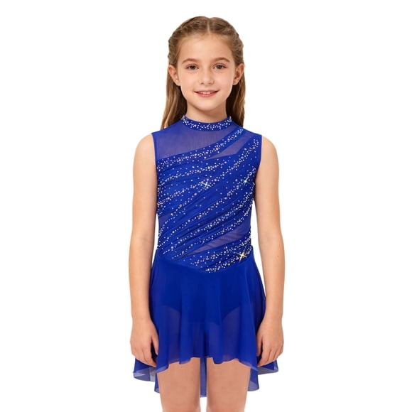 dPois Kids Girls Latin Jazz High-Low Hem Tutu Skirt Lyrical Dance Dress Figure Ice Skating Dresses Blue 10