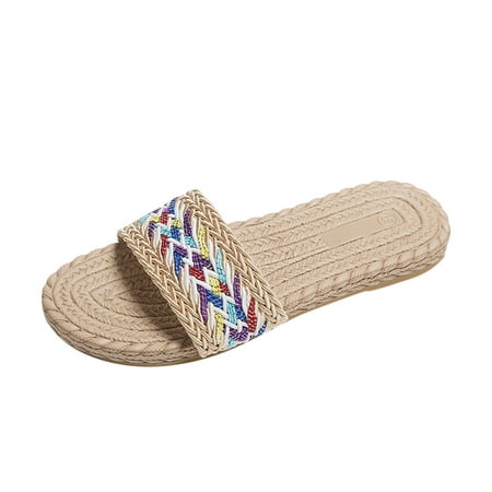 

TUOBARR Beach Slippers for Women Women s Ethnic Style Shoes Woven Flat Bottom Casual Slippers Round Toe Beach Sandals Beige
