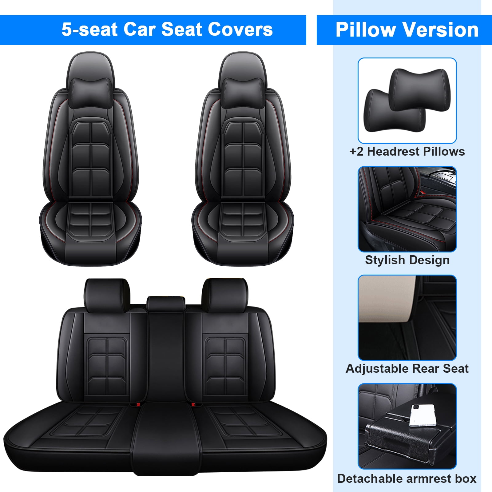 For 2010-2024 For Lexus RX300,RX330,RX350 Car Seat Covers,5-Seat PU Leather Cushion Protector, Full Set Front Back Seat Cover with 2 Pillows for RX350L,RX400h,RX450h,RX450hl Black&Red Line