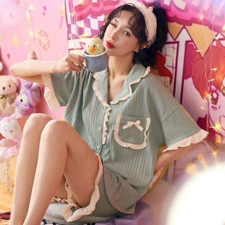 

CoCopeaunt Women Pajama Sets Patchwork Bow Ruffles Simple Turn-down Collar High Quality Sweet Sleepwear Shorts Chic Short Sleeve Button-up