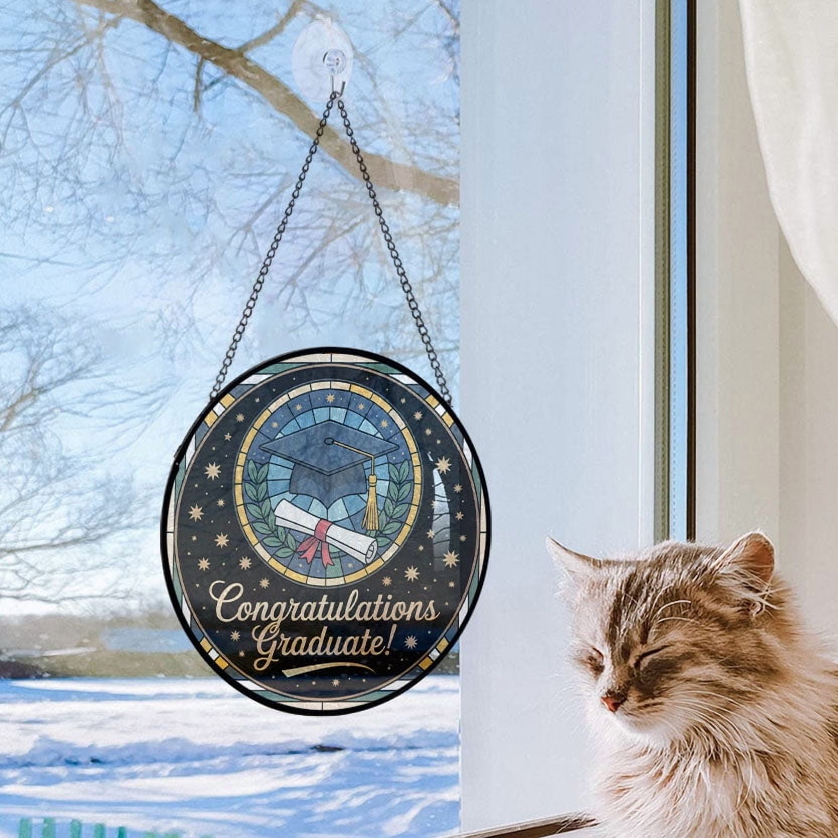 Graduation Cap & Diploma Stained Glass Suncatcher Window Hanging – Customizable Window Hanging for Family, Friends, Man & Woman, Christmas 2025 Tree Decoration