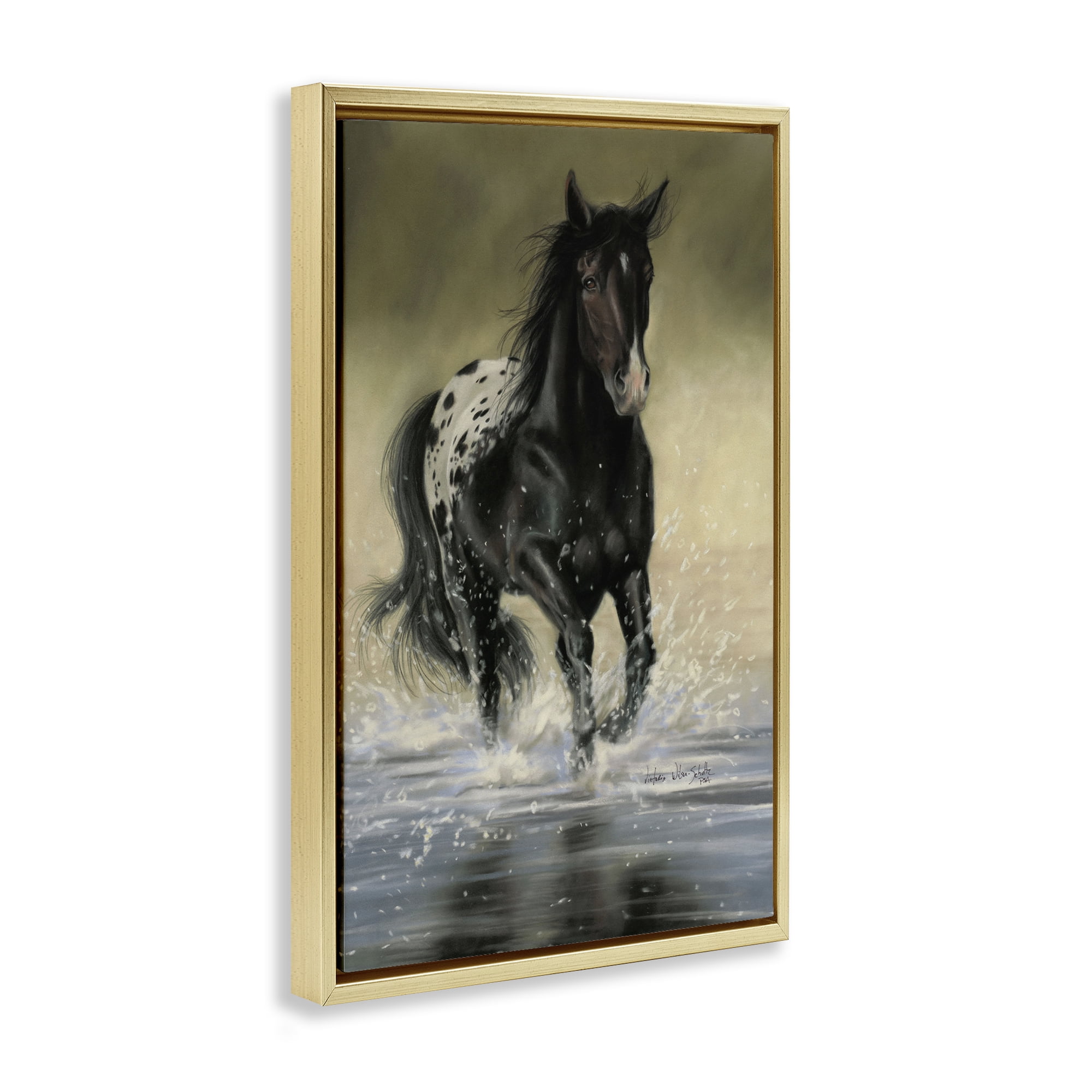 Stupell Industries Splashing Galloping Horse Animals & Insects Painting Gold Floater Framed Canvas Art Print Wall Art, 17 x 25