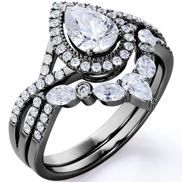 JeenMata Anillo de Compromiso Bohemio de Moissanita de Corte Pera de 1,75 Quilates Anillo de Compromiso Infinito con Alianza de Boda Art Déco en Oro Negro de 10 K