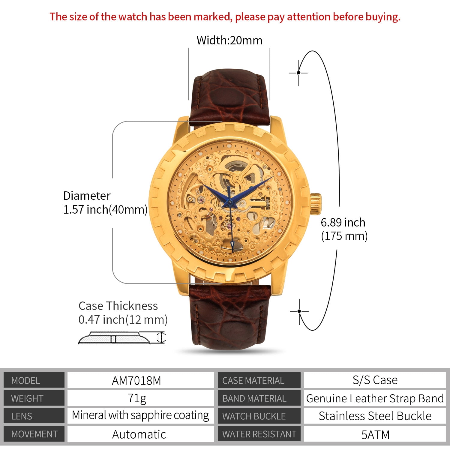 BERNY Automatic Watches for Men, Luxury Skeleton Mechanical Watch Self Winding Carved, Exhibition Caseback, Luminous, 5ATM Waterproof, Stainless Steel, Vintage Men's Leather Watch (Gold)