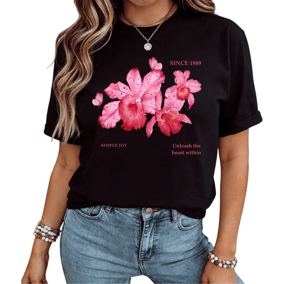 Giffimy Women Unleash The Beast Within Floral Orchid Graphic Short Sleeve T-Shirt Casual Cotton Crewneck fun Top Black S-5XL