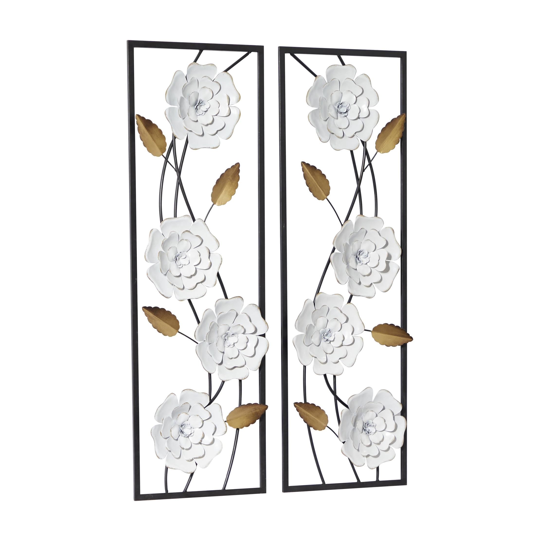 DecMode White Metal Dimensional Floating Floral Wall Decor with Black and Gold Accents (2 Count)