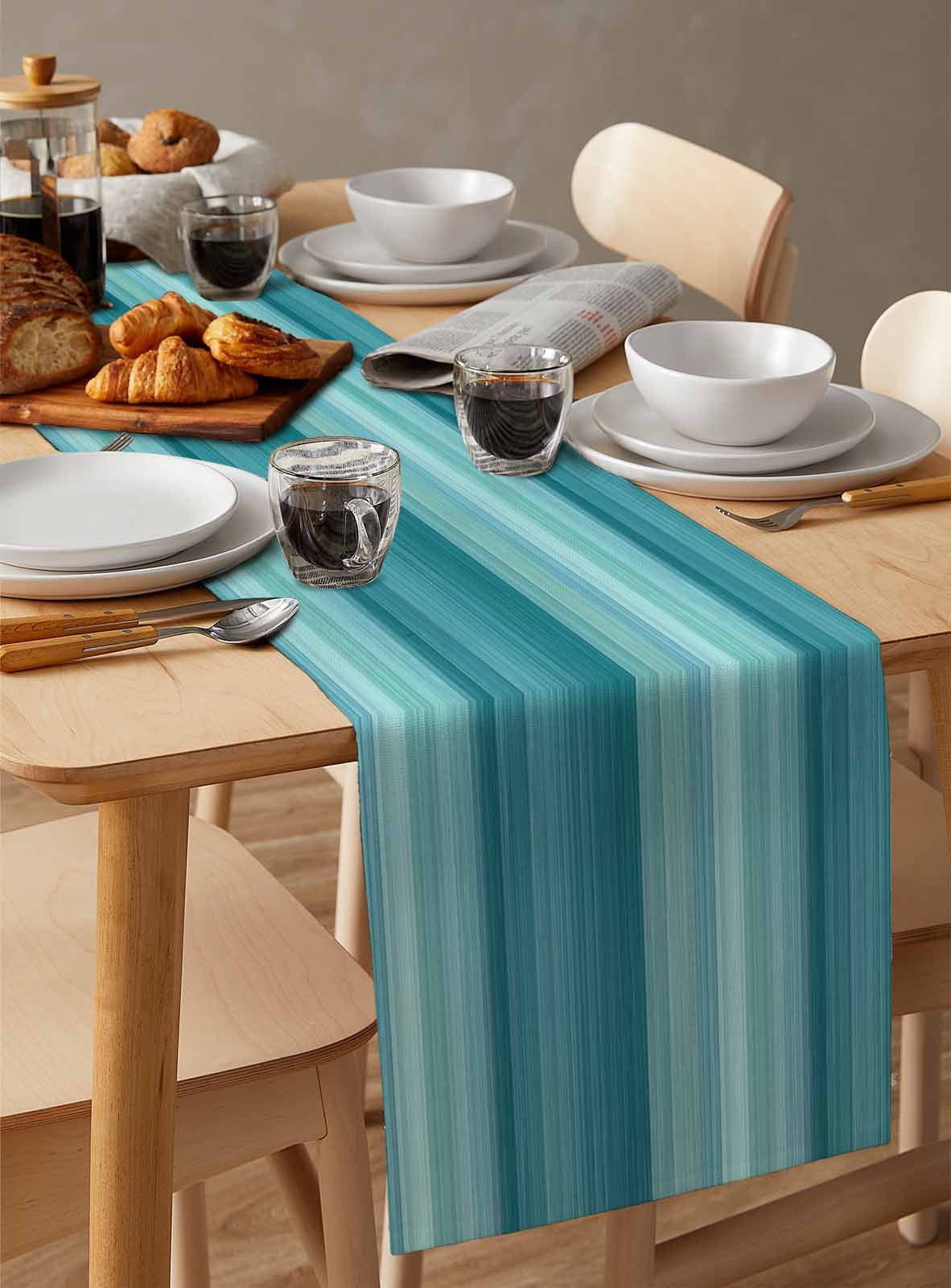 Hokiten Table Runners 90 Inches Long Dress Scarves, Teal Turquoise Aqua Ombre Farmhouse Coffee/Dining/Kitchen Table Runner for Living Room, Contemporary Abstract Lines 13x90 Inch