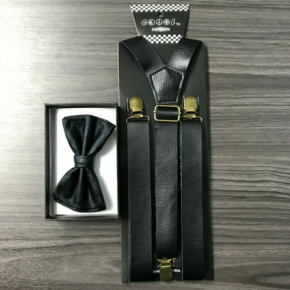 Black Leather Wide Suspender   Metallic Bow-Tie Matching Set Adults Men Women