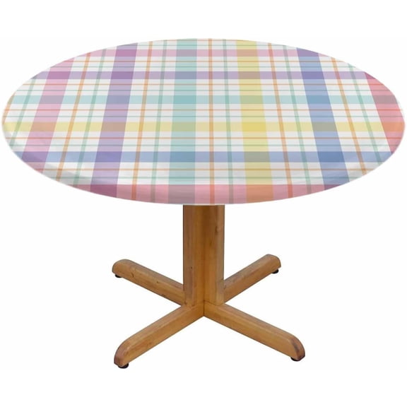Rainbow Plaid Round Table Cloth Unique Checkered Elastic Edged Table Cover Fade And Stain Resistant Table Cloths Easy To Clean Fits Tables 40-44" Diameter