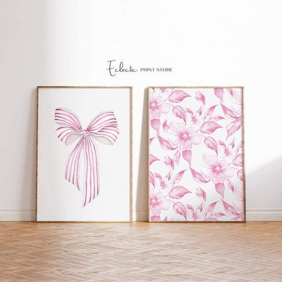 Luvia Coquette Set Of 2 Pink Vintage Prints Coastal Granddaughter Prints Love Shack Fancy Bow Chinoiserie Decor, Modern Wall Decor Set 2 Prints 8x12 UNFRAMED