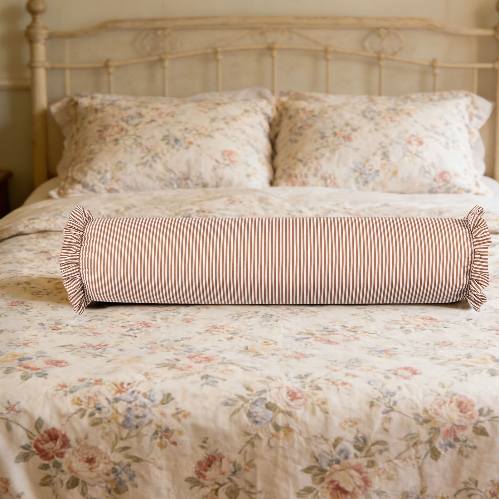Striped Bolster Pillow With Ruffled Edges Soft Cylindrical Neck Roll Pillow，Soft Corduroy Body Pillow for Adults, for Backyard, Couch, Blush Pink Stripe (Brown)