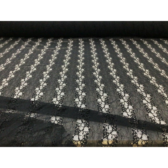 Embroidered Stretch Lace Apparel Fabric Sheer Floral Stripe Black ZZ110