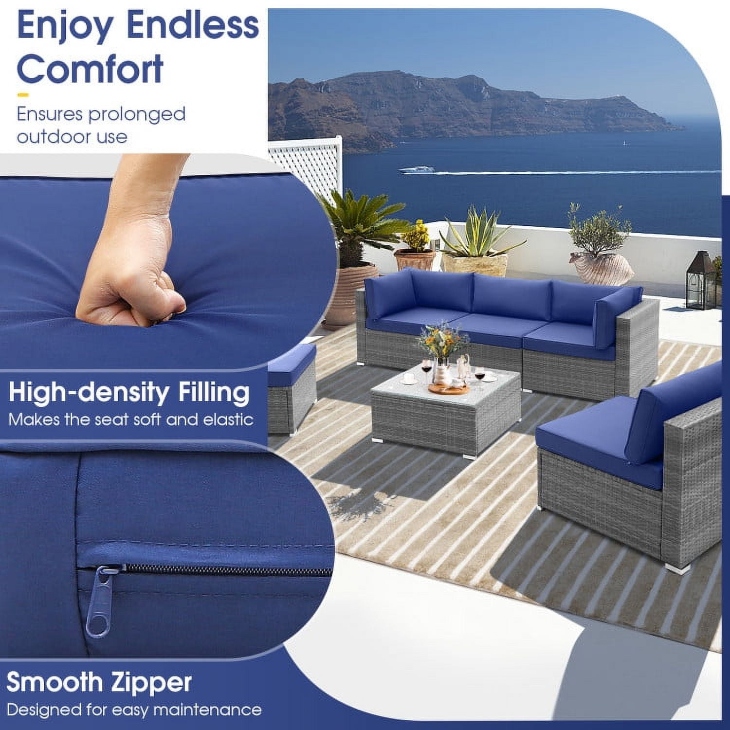 Aimee Lii 6 Piece Patio Conversation Sofa Set with Tempered Glass Coffee Table, Outdoor Patio Set, Navy Aimee Lii 6 Piece Patio Conversation Sofa Set with Tempered Glass Coffee Table, Outdoor Patio Set, Navy