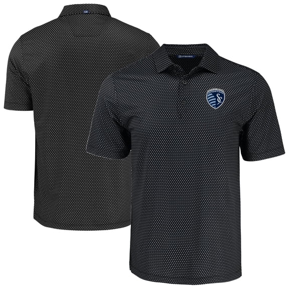 Men's-Cutter & Buck  Black Sporting Kansas City Big & Tall Pike Eco Shadow Check Print Recycled Polo