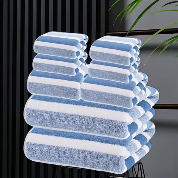 8-Piece Two-Tone Striped Bath Towel Set, Ultra Soft Highly Absorbent Lint-Free Bathroom Towels, Includes 2 Large Bath Towels, 2 Face Towels and 4 Hand Towels